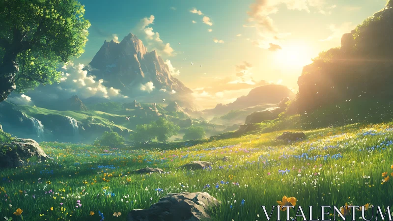 Sunlit alpine valley renders immersive atmospheric depth