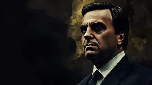 Thoughtful man in a suit against a moody dark backdrop.