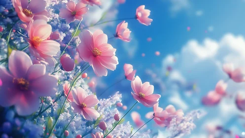 Pink cosmos flowers under bright sky with soft focus backdrop.