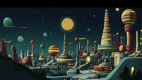 Layered retro-futurist skyline with orbital vehicles and domed spires