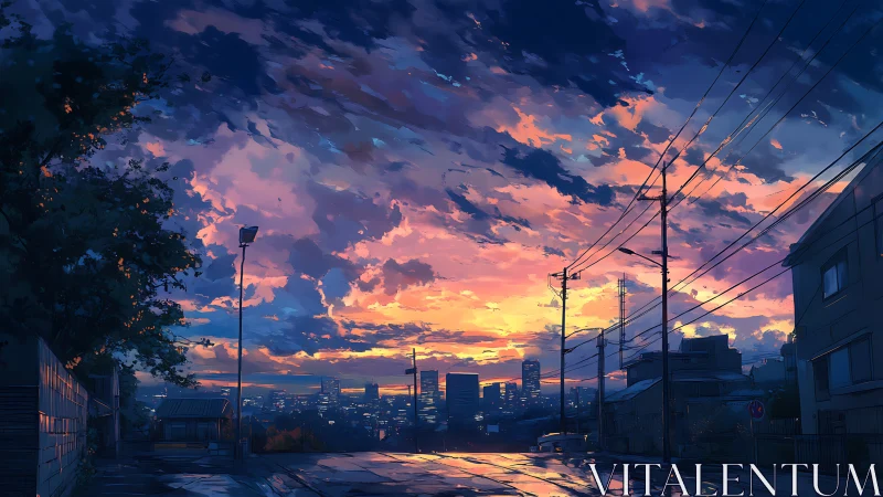 Urban street view with sunset sky over distant cityscape.