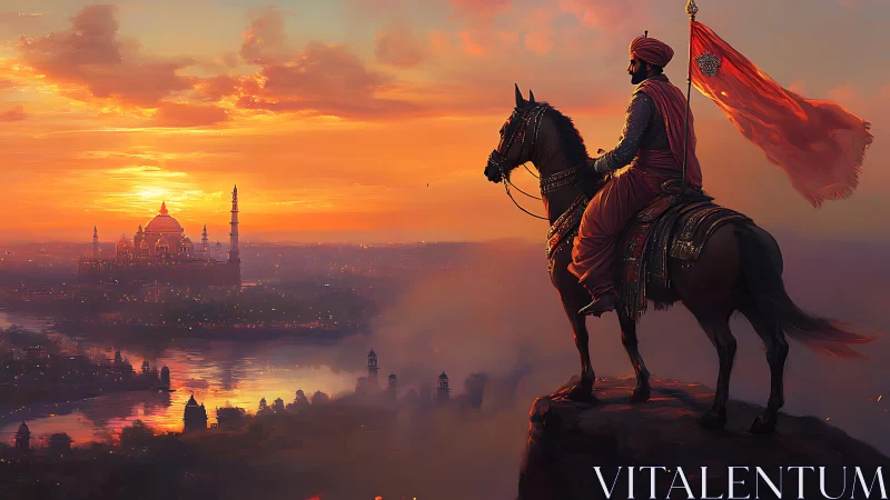 Mounted warrior surveys imperial city under radiant sunset