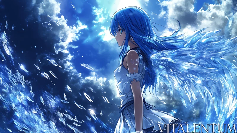 Blue-haired angel strides through stormlit ocean sky