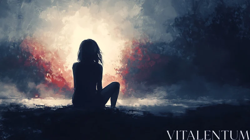 Silhouetted figure contemplates light amid stormy colors.