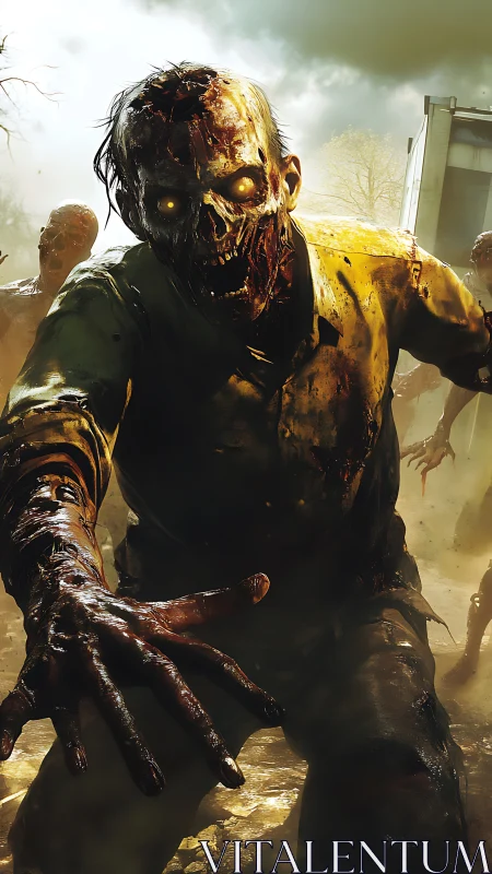 Glowing-eyed zombie lunges forward in apocalyptic chaos.