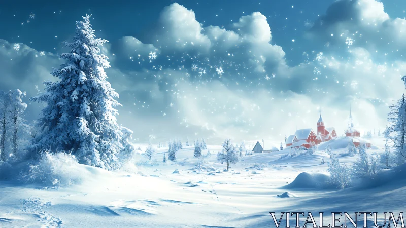 Snowlit village dreams under drifting crystal sky.
