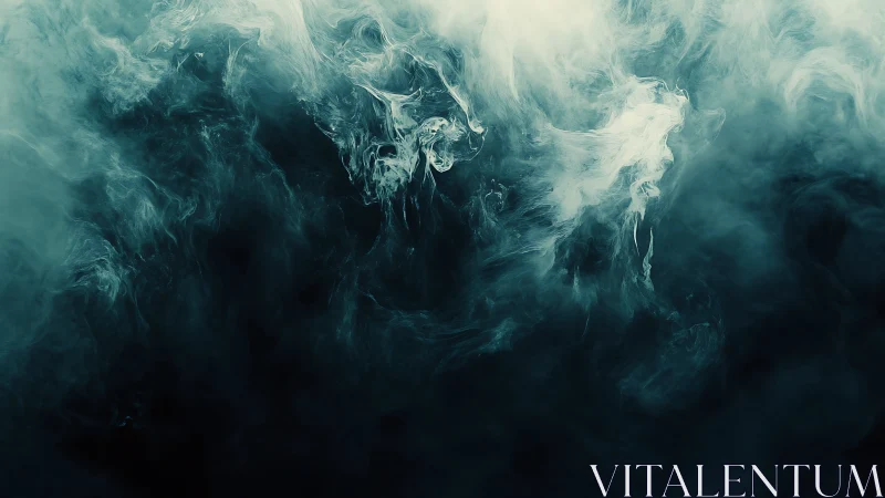 Teal smoke clouds swirl over deep shadowed darkness.