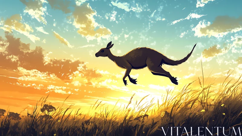 Sunlit kangaroo leaping across glowing savanna horizon.