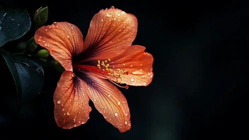 Coral hibiscus flower with water droplets on dark background