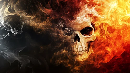 Flaming skull emerges through swirling smoke and shadow