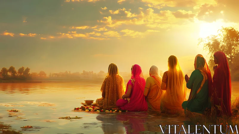 Women in Traditional Attire Praying by River at Sunrise, Artistic Style.