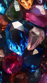 Multiple faceted gemstones occupy a tightly framed composition