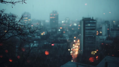 Rainfall over distant city skyline with blurred street lights.