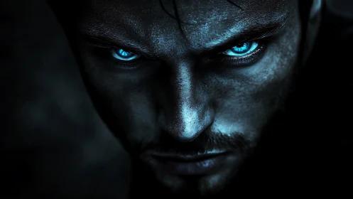 Close male face rendered with intense glowing blue eyes