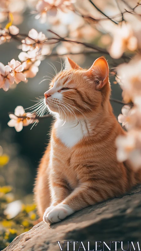 Ginger Guardian Contemplates Spring Blossoms.