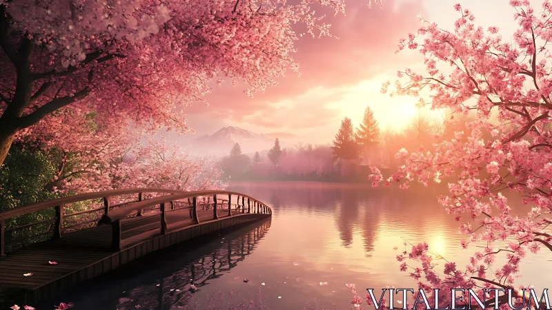 Cherry blossom bridge curves over tranquil dawn lake.
