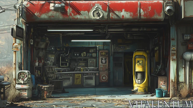 Rust-bitten roadside workshop hums in retro-future quiet.