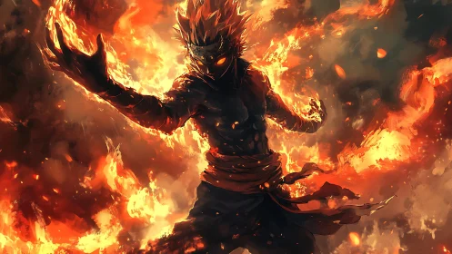 Masked humanoid figure stands amid concentrated fire plume