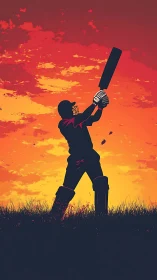 Silhouetted cricket batsman drives against saturated sunset sky