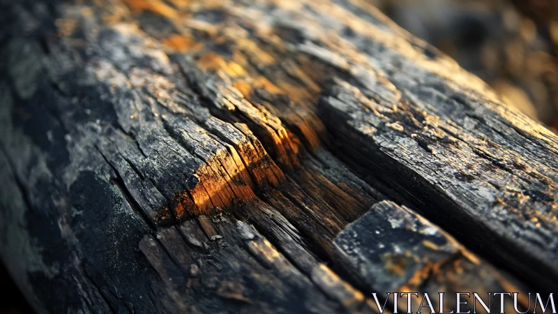 Weathered driftwood macro with golden hour directional sunlight