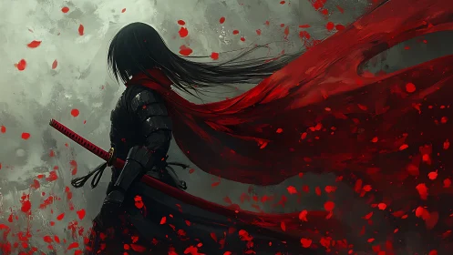 Armored katana wielder in crimson cloak amid red petals.