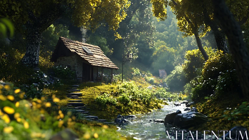 Digital painting woodland cabin with luminous stream focus.