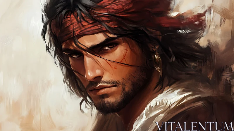 Cinematic digital portrait of scarred bandana warrior sailor.