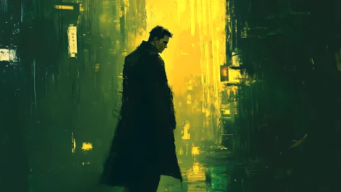 Lone wanderer bathed in moody neon yellow city light.