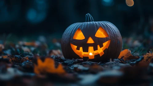 Grinning jack-o’-lantern glows over leaf-strewn twilight ground.