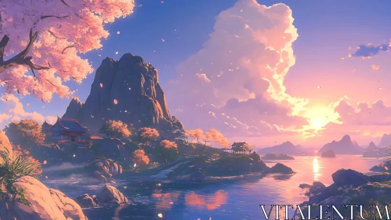 Sunlit cherry blossom valley opens over tranquil lakeshore.