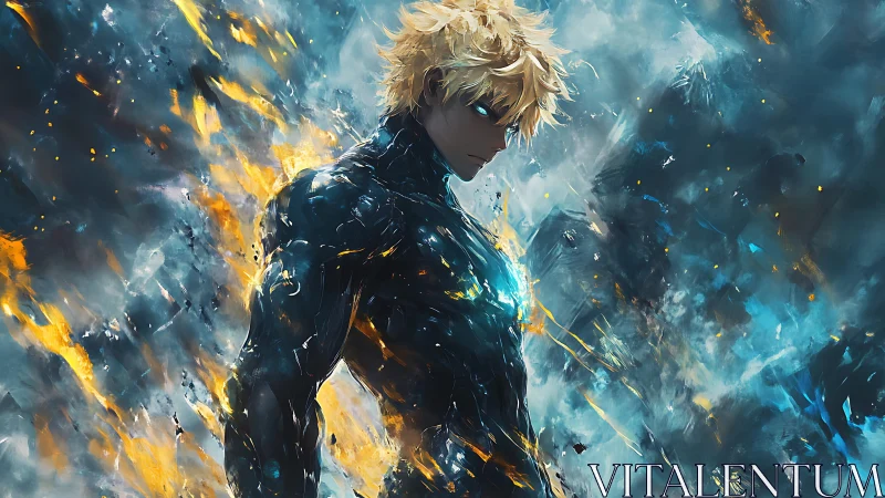 Blond male figure in dark armor amid blue and orange energy.