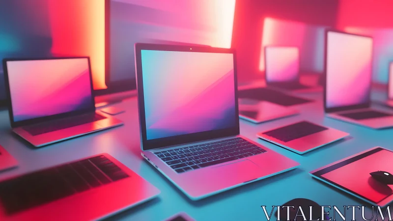Neon laptop chorus glows in a candy-colored digital dusk