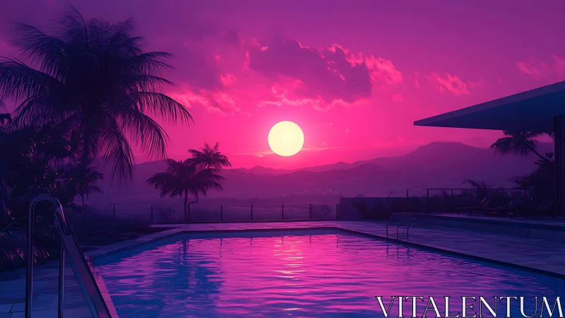 Neon sunset over modern poolside terrace with palm trees