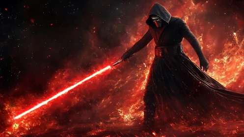 Digital painting of masked warrior amid incandescent inferno field.