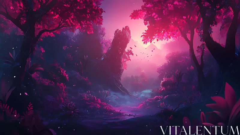 Bioluminescent Forest Landscape with Neon Pink Sky
