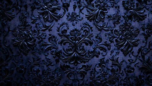 Deep navy baroque damask relief with glossy ornamental scrolls