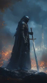 Armored dark knight with greatsword in burning misty ruins