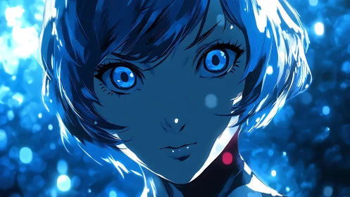 Intense blue eyed anime portrait under high contrast bokeh light