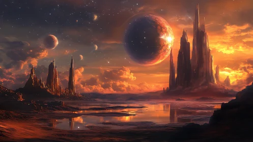 Alien citadel rises beneath molten twin planets at dusk.