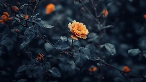 Luminous Orange Rose Among Dark Foliage.