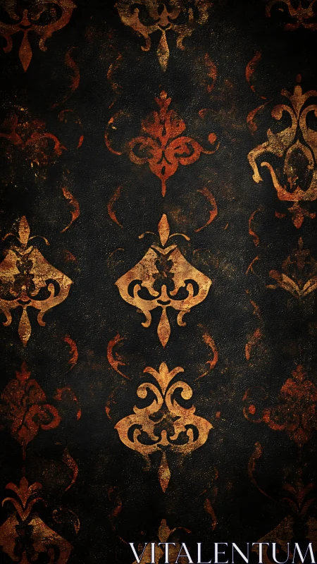 Distressed gold damask pattern on dark textured background.