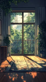 Sunlit balcony window cradles a tranquil indoor garden.