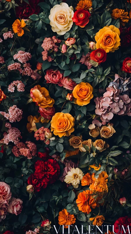 Botanical Garden Composition: Roses, Ranunculus, and Dahlias in Warm Palette.