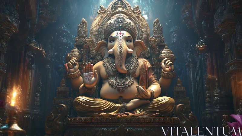 Majestic Ganesha idol in luminous gold temple sanctuary.