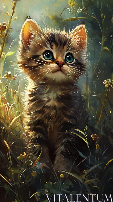 Luminous Kitten Portrait Amid Golden Vegetation Study