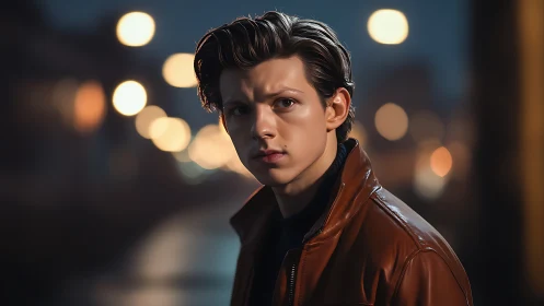 Moody young man in leather jacket under soft city lights.