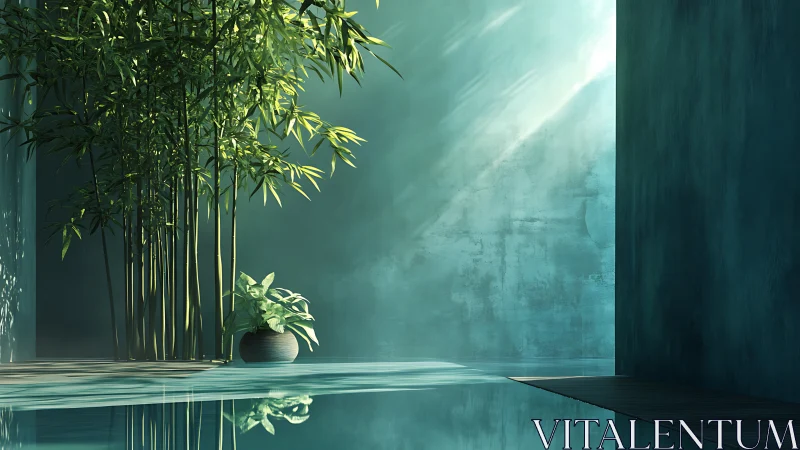Indoor bamboo and pool scene lit by angled natural sunlight