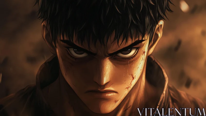 Fierce anime warrior meets the viewer with burning resolve