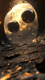 Solar tunnel orbs drifting through molten cosmic dusk.