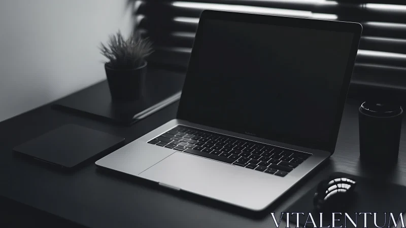 Laptop sits on dark minimalist desk beside mouse and plant